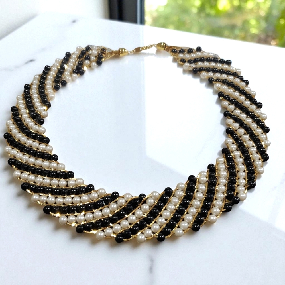 TRIFARI Vintage Gold Onyx Bead & Pearl Statement Necklace.